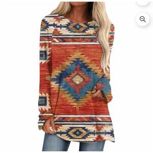 Women's Western Aztec Print Rust orange Print Long Sleeve Tunic Shirt Size L
